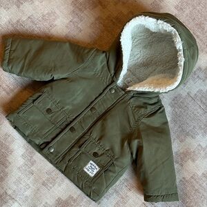 Pumpkin Patch Baby Khaki Jacket with White Faux Fur lined Hood size 3-6M